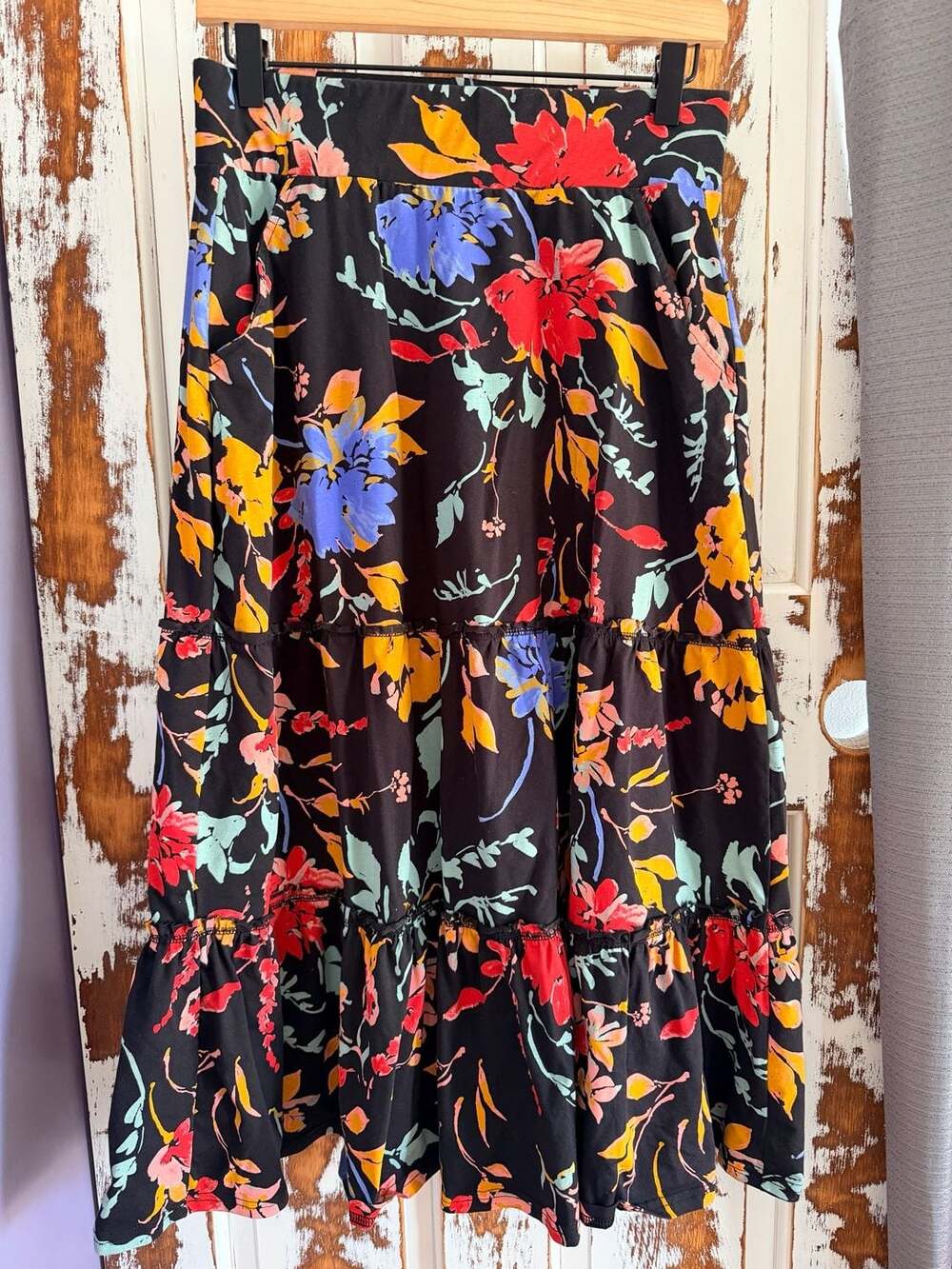 Pact Black Floral Tiered Maxi Skirt Size M Organic Cotton Cottagecore Boho